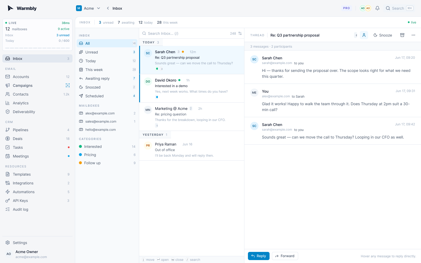 ReachOps inbox workspace showing a sample conversation and reply controls.